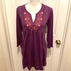 Prana dress - size M - long sleeve purple embroidered dress - boho embroidery